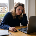 Woman in a blue jumper working on a laptop at home office, looking focused with notebook and mug nearby