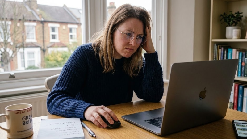 Woman in a blue jumper working on a laptop at home office, looking focused with notebook and mug nearby