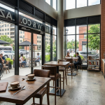 Modern café interior with large windows, wooden tables, and patrons enjoying coffee and conversation inside and outside