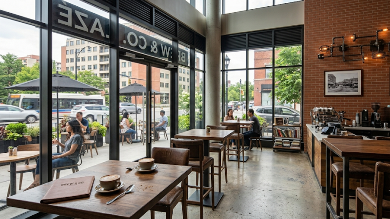 Modern café interior with large windows, wooden tables, and patrons enjoying coffee and conversation inside and outside