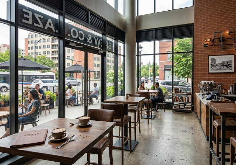 Modern café interior with large windows, wooden tables, and patrons enjoying coffee and conversation inside and outside